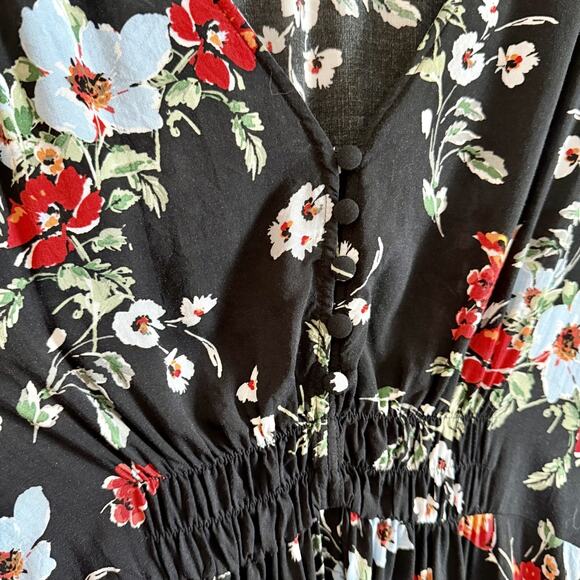 Banana Republic Size 8 Dress - Black Floral Midi Cinched Waist 3/4 Sleeve - Picture 4 of 10